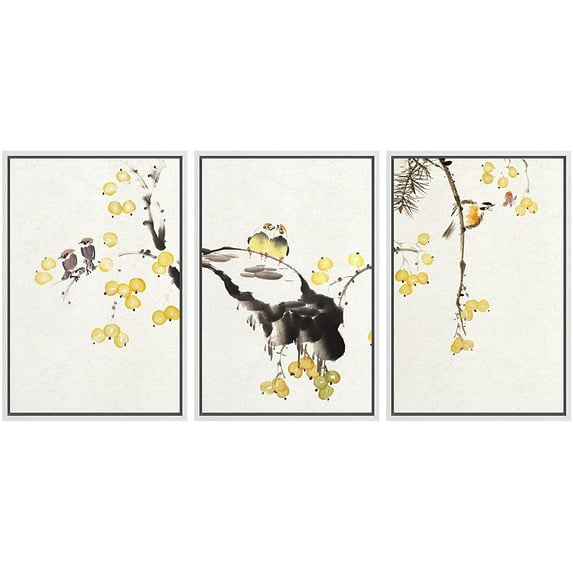 wall26-3 Panel Framed Canvas Wall Art - Chinese Ink Painting Style Birds on Tree Branch with Small Yellow Fruits - Giclee Print Gallery Wrap Modern Home Art Ready to Hang - 16"x24"x3 White