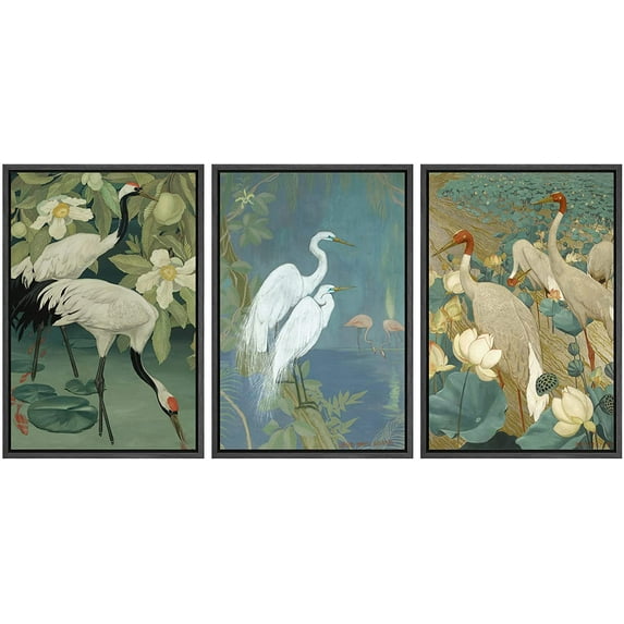 wall26 - 3 Panel Framed Canvas Wall Art - Cranes Wading in Water Framed Canvas Art Set - Giclee Print Gallery Wrap Modern Home Art Ready to Hang - 24"x36"x3 Black