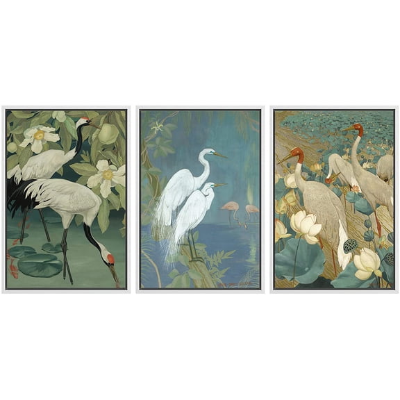 wall26 - 3 Panel Framed Canvas Wall Art - Cranes Wading in Water Framed Canvas Art Set - Giclee Print Gallery Wrap Modern Home Art Ready to Hang - 24"x36"x3 White