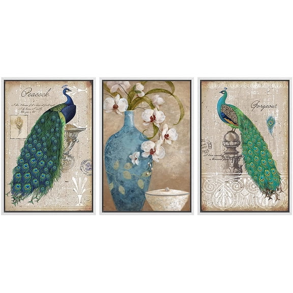 wall26 - 3 Panel Framed Canvas Wall Art - Decorative Peacock Framed Canvas Art Set - Giclee Print Gallery Wrap Modern Home Art Ready to Hang - 16"x24"x3 White
