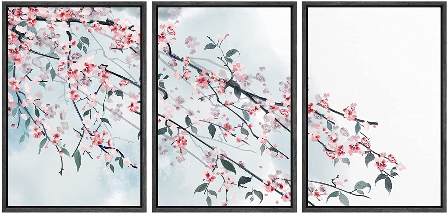 wall26 - 3 Panel Framed Canvas Wall Art - Ink Painting Style Pink ...