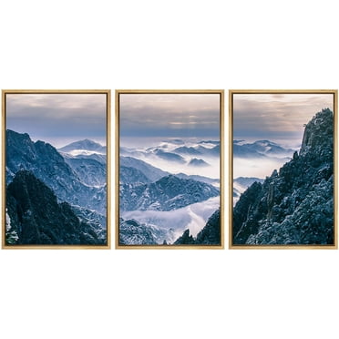 wall26 3 Panel Framed Canvas Wall Art - Landscape of Snow Covered Mountains - Giclee Print Gallery Wrap Modern Home Art Ready to Hang - 24&quot;x36&quot;x3 NATURAL