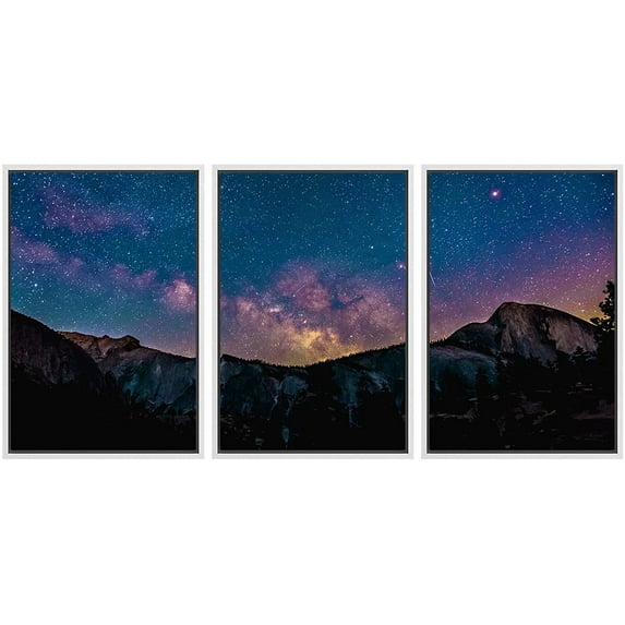 wall26-3 Panel Framed Canvas Wall Art - Majestic Landscape Under Starry Sky at Night - Giclee Print Gallery Wrap Modern Home Art Ready to Hang - 16"x24"x3 WHITE