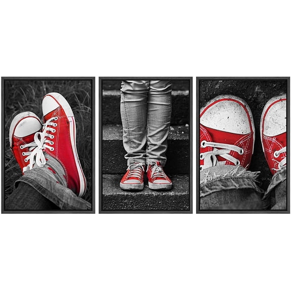 wall26 3 Panel Framed Canvas Wall Art - Partial Color Red Canvas Shoes - Giclee Print Gallery Wrap Modern Home Art Ready to Hang - 16"x24"x3 Black