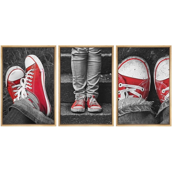 wall26 3 Panel Framed Canvas Wall Art - Partial Color Red Canvas Shoes - Giclee Print Gallery Wrap Modern Home Art Ready to Hang - 16"x24"x3 Natural