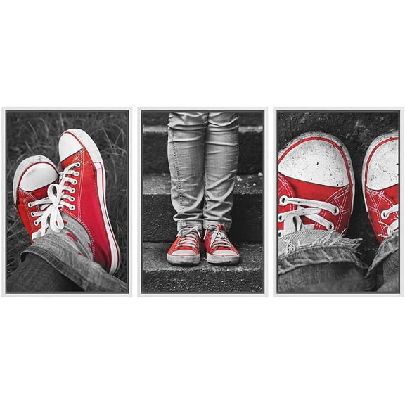wall26 3 Panel Framed Canvas Wall Art - Partial Color Red Canvas Shoes - Giclee Print Gallery Wrap Modern Home Art Ready to Hang - 16"x24"x3 White