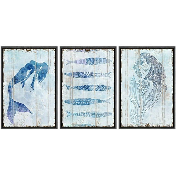 wall26 3 Panel Framed Canvas Wall Art - Rustic Style Mermaid and Fish - Giclee Print Gallery Wrap Modern Home Art Ready to Hang - 16"x24"x3 Black