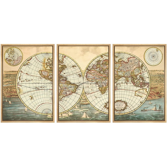 wall26 - 3 Panel Framed Canvas Wall Art - Vintage World Map - Giclee Print Gallery Wrap Modern Home Art Ready to Hang - 16"x24"x3 NATURAL
