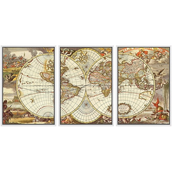 wall26 - 3 Panel Framed Canvas Wall Art - Vintage World Map - Giclee Print Gallery Wrap Modern Home Art Ready to Hang - 16"x24"x3 WHITE
