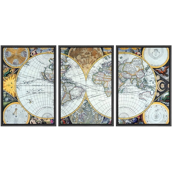 wall26 - 3 Panel Framed Canvas Wall Art - Vintage World Map - Giclee Print Gallery Wrap Modern Home Art Ready to Hang - 24"x36"x3 BLACK