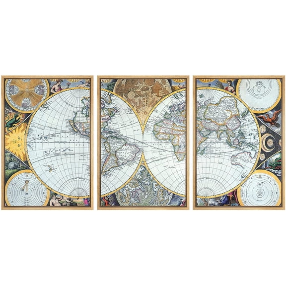 wall26 - 3 Panel Framed Canvas Wall Art - Vintage World Map - Giclee Print Gallery Wrap Modern Home Art Ready to Hang - 24"x36"x3 NATURAL