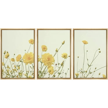 wall26 - 3 Panel Framed Canvas Wall Art - Yellow Wild Flowers - Giclee Print Gallery Wrap Modern Home Art Ready to Hang - 24&quot;x36&quot;x3 Natural
