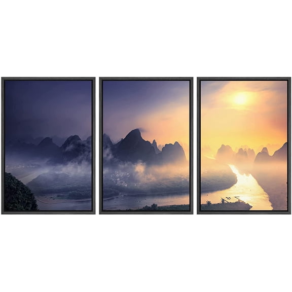 wall26 3 Panel Framed Canvass Wall Art - Bird View Landscape of Mountains,Rivers and Village in The Evening - Giclee Print Gallery Wrap Modern Home Art Ready to Hang - 24"x36"x3 Black
