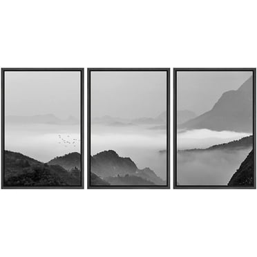 wall26 3 Panel Framed Canvass Wall Art - Landscape of Mountains in The Mist in Black and White - Giclee Print Gallery Wrap Modern Home Art Ready to Hang - 16&quot;x24&quot;x3 Black