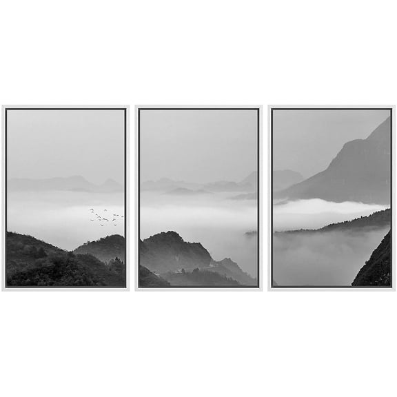 wall26 3 Panel Framed Canvass Wall Art - Landscape of Mountains in The Mist in Black and White - Giclee Print Gallery Wrap Modern Home Art Ready to Hang - 24"x36"x3 White