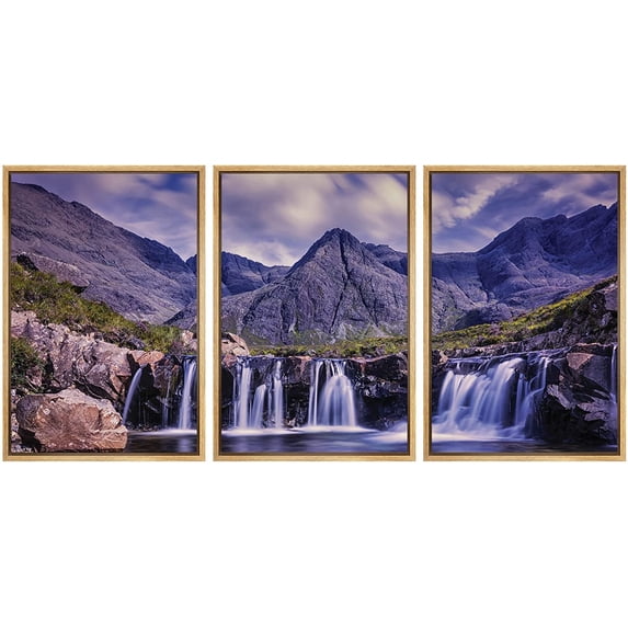 wall26 3 Panel Framed Canvass Wall Art - Landscape Waterfall in The Rocky Mountain - Giclee Print Gallery Wrap Modern Home Art Ready to Hang - 16"x24"x3 Natural