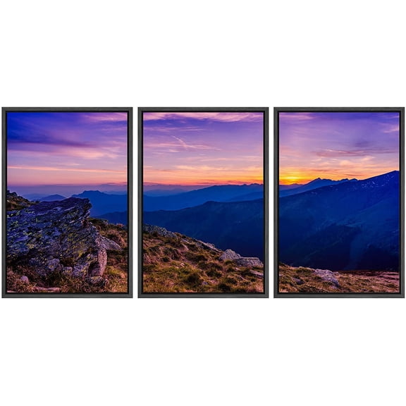 wall26 - 3 Panel Framed Canvass Wall Art - Majestic Natural Landscape Triptych Framed Canvass Series - Purple Mountain Sunset - Giclee Print Wrap Modern Home Art Ready to Hang - 16"x24"x3 B