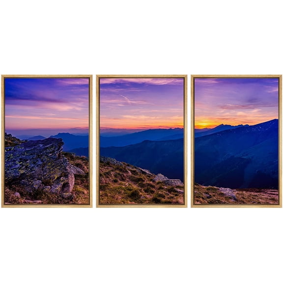 wall26 - 3 Panel Framed Canvass Wall Art - Majestic Natural Landscape Triptych Framed Canvass Series - Purple Mountain Sunset - Giclee Print Wrap Modern Home Art Ready to Hang - 24"x36"x3 N