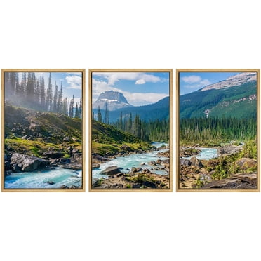 wall26 - 3 Panel Framed Canvass Wall Art - Majestic Natural Landscape Triptych Framed Canvass Series - River Forest - Giclee Print Gallery Wrap Modern Home Art Ready to Hang - 24&quot;x36&quot;x3 Nat