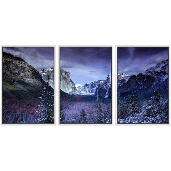 wall26 - 3 Panel Framed Canvass Wall Art - Majestic Natural Landscape Triptych Framed Canvass Series - Yosemite at Dusk - Giclee Print Gallery Wrap Modern Home Art Ready to Hang - 24"x36"x3