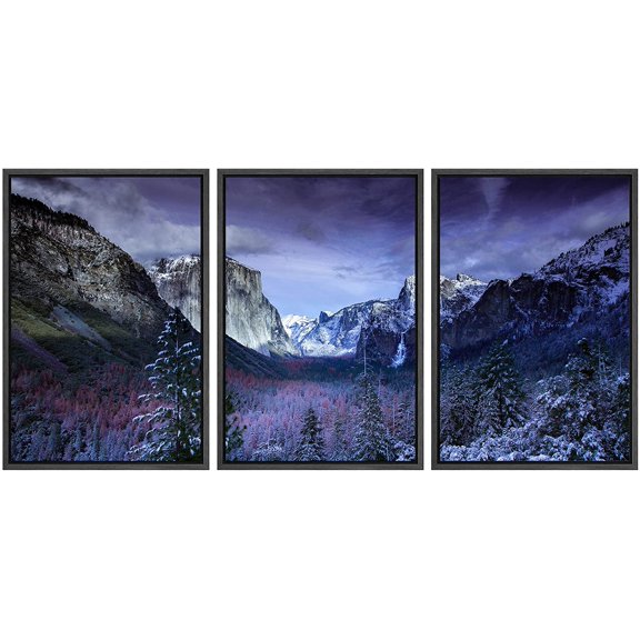 wall26 - 3 Panel Framed Canvass Wall Art - Majestic Natural Landscape Triptych Framed Canvass Series - Yosemite at Dusk - Giclee Print Gallery Wrap Modern Home Art Ready to Hang - 24"x36"x3