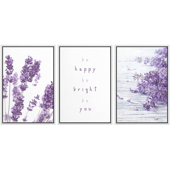 wall26 3 Panel Purple Lavender Flowers with Be Happy Be Bright Be You Quotes Gallery 16 x24 x 3 Panels - 24"x36"x3 White