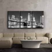wall26 3 Piece Canvas Print - Contemporary Art, Modern Wall Art - Black and White Manhattan Skyline and Brooklyn Bridge - Giclee Artwork - Gallery Wrapped Wood 