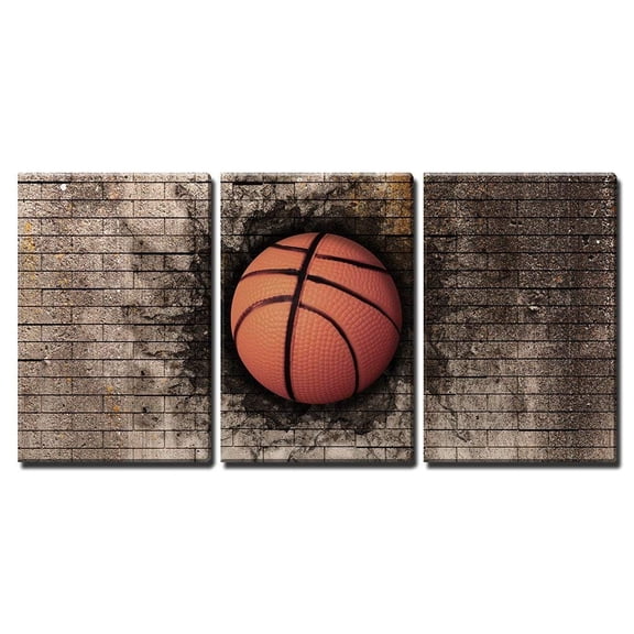 wall26 - 3 Piece Canvas Wall Art - 3D Rendering of a Basket Ball Embedded in a Brick Wall - Modern Home Art Stretched and Framed Ready to Hang - 24"x36"x3 Panels