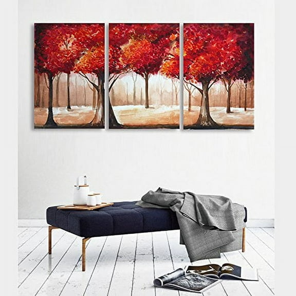 wall26 - 3 Piece Canvas Wall Art - Abstract Red Leaves Trees - Watercolor Painting Style Modern Home Art - 24"x36"x3 Panels