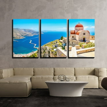 wall26 - 3 Piece Canvas Wall Art - Amazing View on Remote Church with Red Roofing on The Cliff of The Sea, Greece - Modern Home Art Stretched and Framed Ready to Hang - 16&quot;x24&quot;x3 Panels