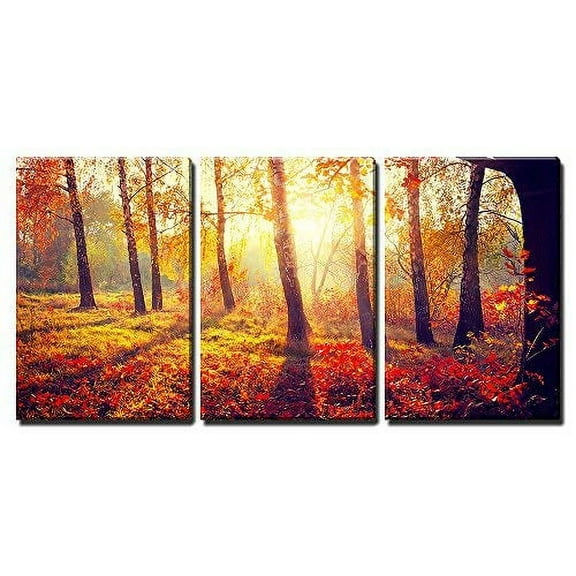 wall26 - 3 Piece Canvas Wall Art - Autumn. Fall. Autumnal Trees in Sun Rays - Modern Home Art Stretched and Framed Ready to Hang - 24"x36"x3 Panels