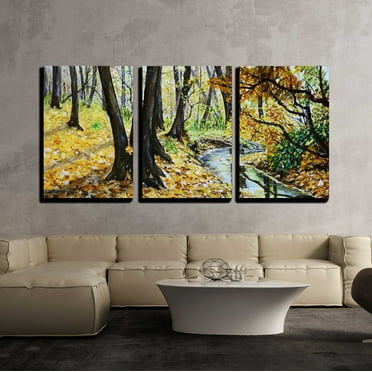 wall26 - 3 Piece Canvas Wall Art - Autumn Forest with a Stream Original Landscape Painting. - Modern Home Art Stretched and Framed Ready to Hang - 24&quot;x36&quot;x3 Panels