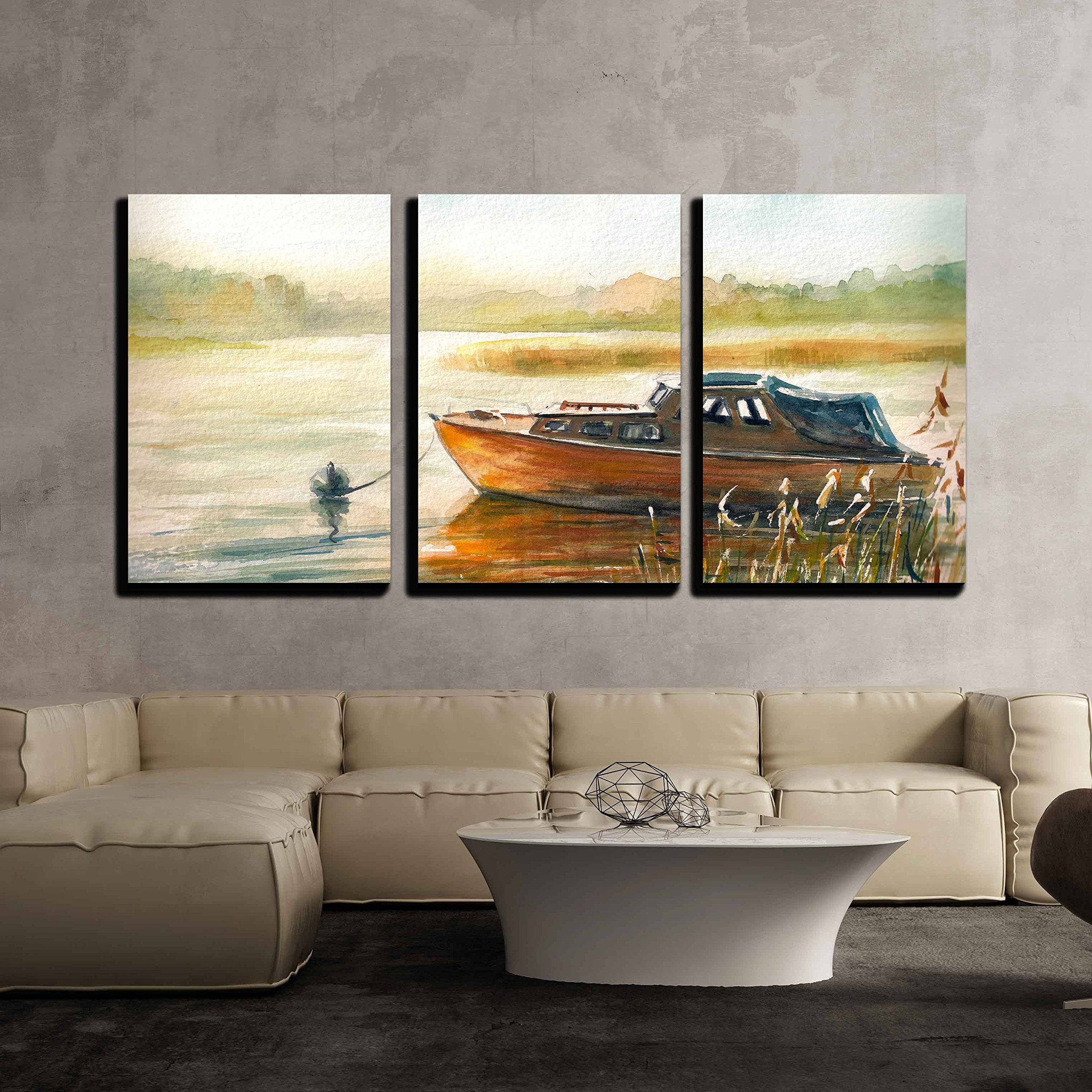 wall26 - 3 Piece Canvas Wall Art - Autumn Landscape with Boat on The ...
