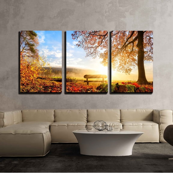 wall26 - 3 Piece Canvas Wall Art - Autumn Landscape with The Sun Warmly Illumining a Bench Under a Tree - Modern Home Art Stretched and Framed Ready to Hang - 16"x24"x3 Panels