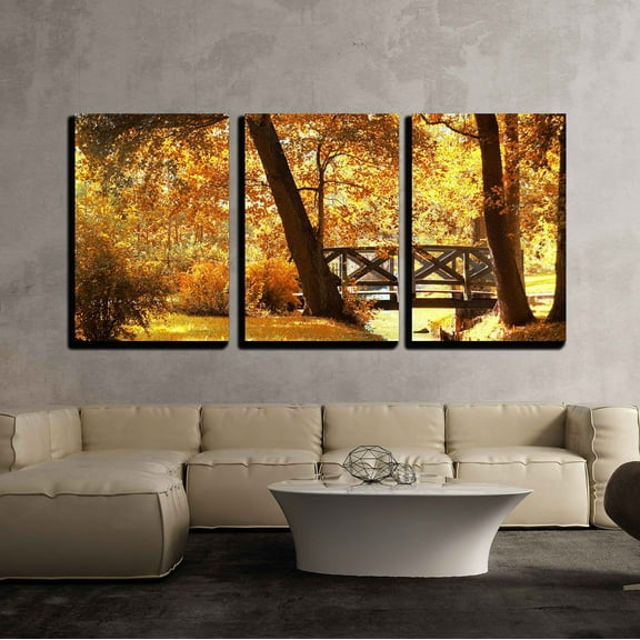 wall26 - 3 Piece Canvas Wall Art - Autumn Scenery. Beautiful Gold Fall in Park. - Modern Home Art Stretched and Framed Ready to Hang - 16"x24"x3 Panels