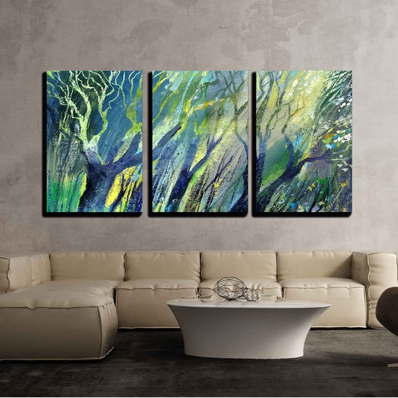wall26 - 3 Piece Canvas Wall Art - Background Drawing of Wood in Green Tones - Modern Home Art Stretched and Framed Ready to Hang - 24"x36"x3 Panels