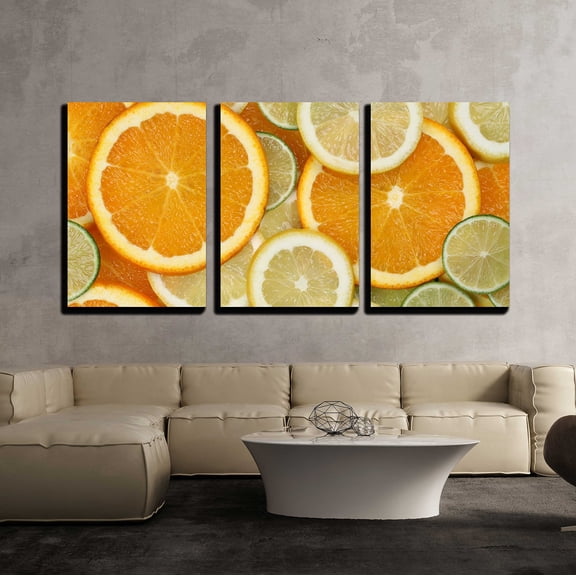 wall26 - 3 Piece Canvas Wall Art - Background Made from Sliced Orange, Lemon and Lime Citrus Fruits - Modern Home Art Stretched and Framed Ready to Hang - 24"x36"x3 Panels