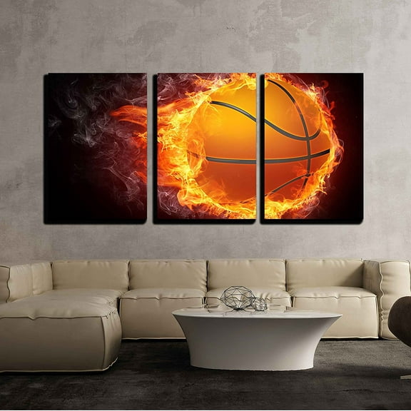 wall26 - 3 Piece Canvas Wall Art - Basketball Ball on Fire. 2D Graphics. Computer Design. - Modern Home Art Stretched and Framed Ready to Hang - 24"x36"x3 Panels