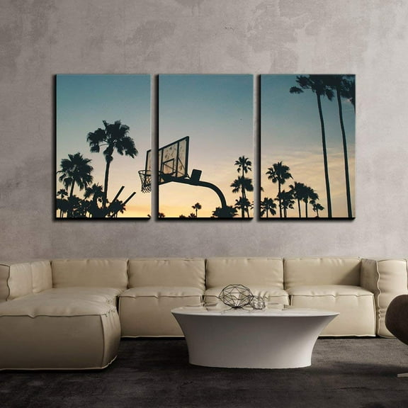 wall26 - 3 Piece Canvas Wall Art - Basketball Stands and Palm Trees Under The Sunset - Modern Home Art Stretched and Framed Ready to Hang - 16"x24"x3 Panels
