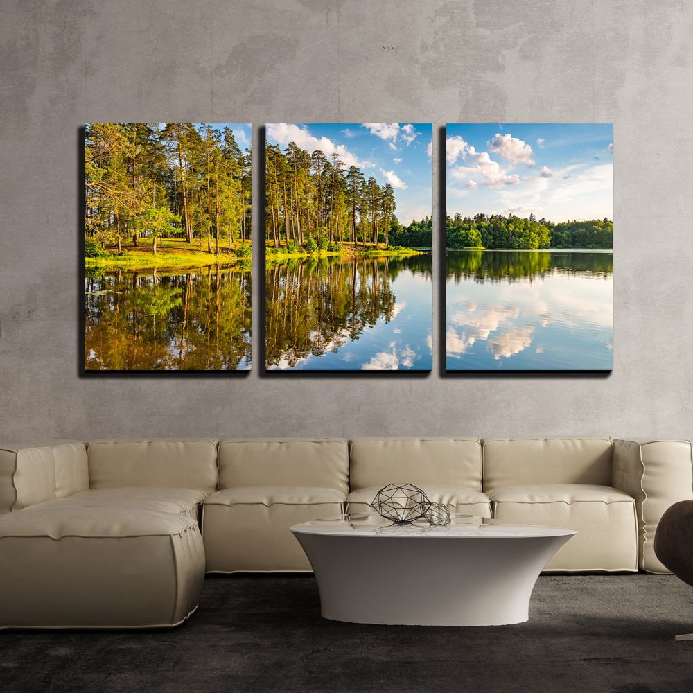 wall26 - 3 Piece Canvas Wall Art - Beautiful Forest Lake at Sunset ...