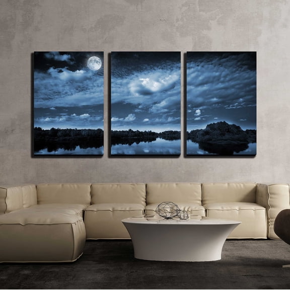 wall26 - 3 Piece Canvas Wall Art - Beautiful Full Moon Reflecting in a Lake - Modern Home Art Stretched and Framed Ready to Hang - 16"x24"x3 Panels