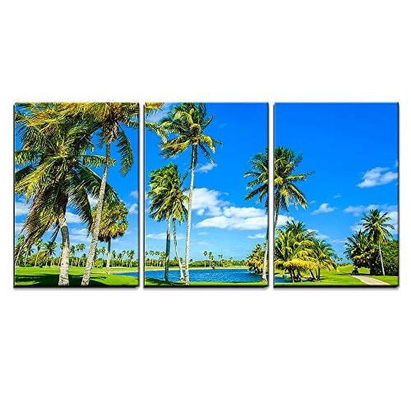 wall26 - 3 Piece Canvas Wall Art - Beautiful Golf Course Landscape in Miami. - Modern Home Art Stretched and Framed Ready to Hang - 16"x24"x3 Panels