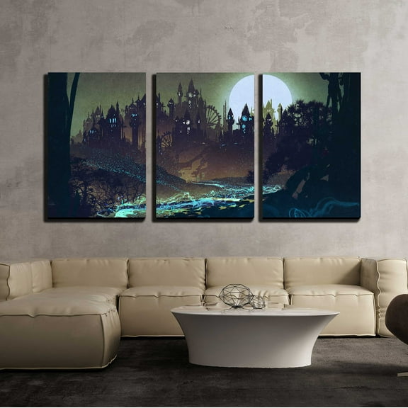wall26 - 3 Piece Canvas Wall Art - Beautiful Landscape with Mysterious River,Full Moon Over Castles,Illustration Painting - Modern Home Art Stretched and Framed Ready to Hang - 24"x36"x3 Pa