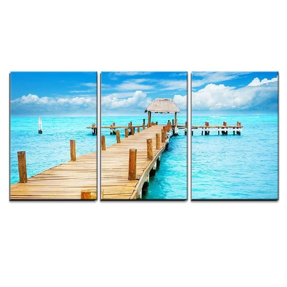 wall26 - 3 Piece Canvas Wall Art - Beautiful Scenery/Landscape Vacation in Tropic Paradise Jetty on Isla Mujeres, Mexico - Modern Home Art Stretched and Framed Ready to Hang - 16"x24"x3 Pan