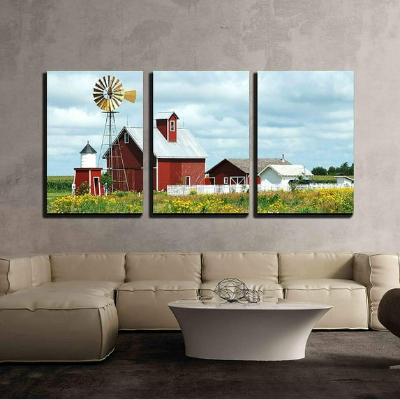 wall26 - 3 Piece Canvas Wall Art - Beautiful Scenery of Windmill, Barn, Sheds and Fence on a Cloudy Day - Modern Home Art Stretched and Framed Ready to Hang - 24"x36"x3 Panels