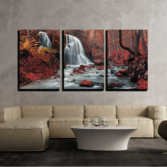 wall26 - 3 Piece Canvas Wall Art - Beautiful Waterfall in Autumn Forest. Silver Stream Waterfall. Autumn Forest in Crimea - Modern Home Art Stretched and Framed Ready to Hang - 16"x24"x3 Pa