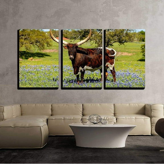 wall26 - 3 Piece Canvas Wall Art - a Beautiful Watusi Longhorn Mix Bull Standing Proud in a Bluebonnet Field - Modern Home Art Stretched and Framed Ready to Hang - 16"x24"x3 Panels