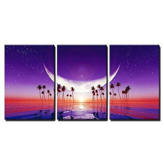 wall26 - 3 Piece Canvas Wall Art - Big Moon Over Purple Sunset at Tropical Sea with Stars - Modern Home Art Stretched and Framed Ready to Hang - 16"x24"x3 Panels