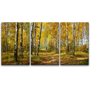 wall26 - 3 Piece Canvas Wall Art - Birch Grove in Autumn Forest - Modern Home Art Stretched and Framed Ready to Hang - 16&quot;x24&quot;x3 Panels