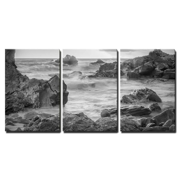 wall26 - 3 Piece Canvas Wall Art - a Black and White Shot Looking Out to The Pacific Ocean. - Modern Home Art Stretched and Framed Ready to Hang - 24"x36"x3 Panels